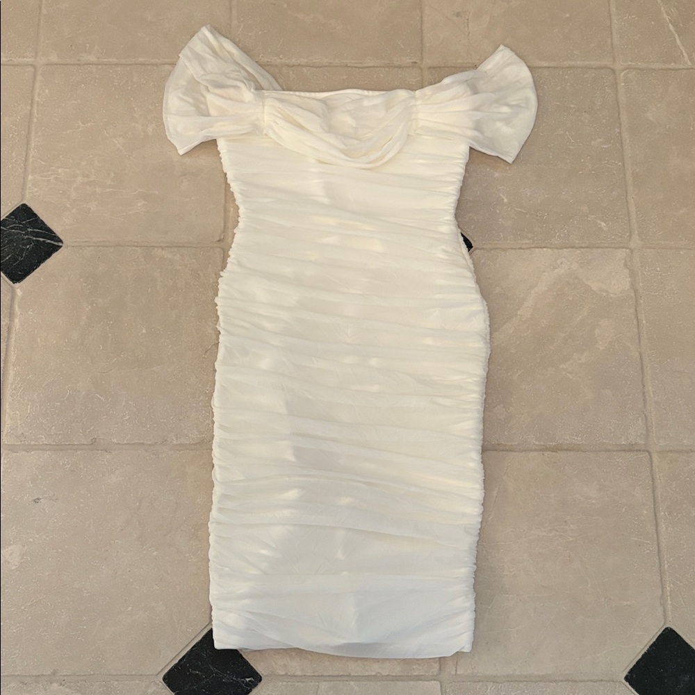 Fashion Nova Ruched White Midi Dress - Picture 2 of 7